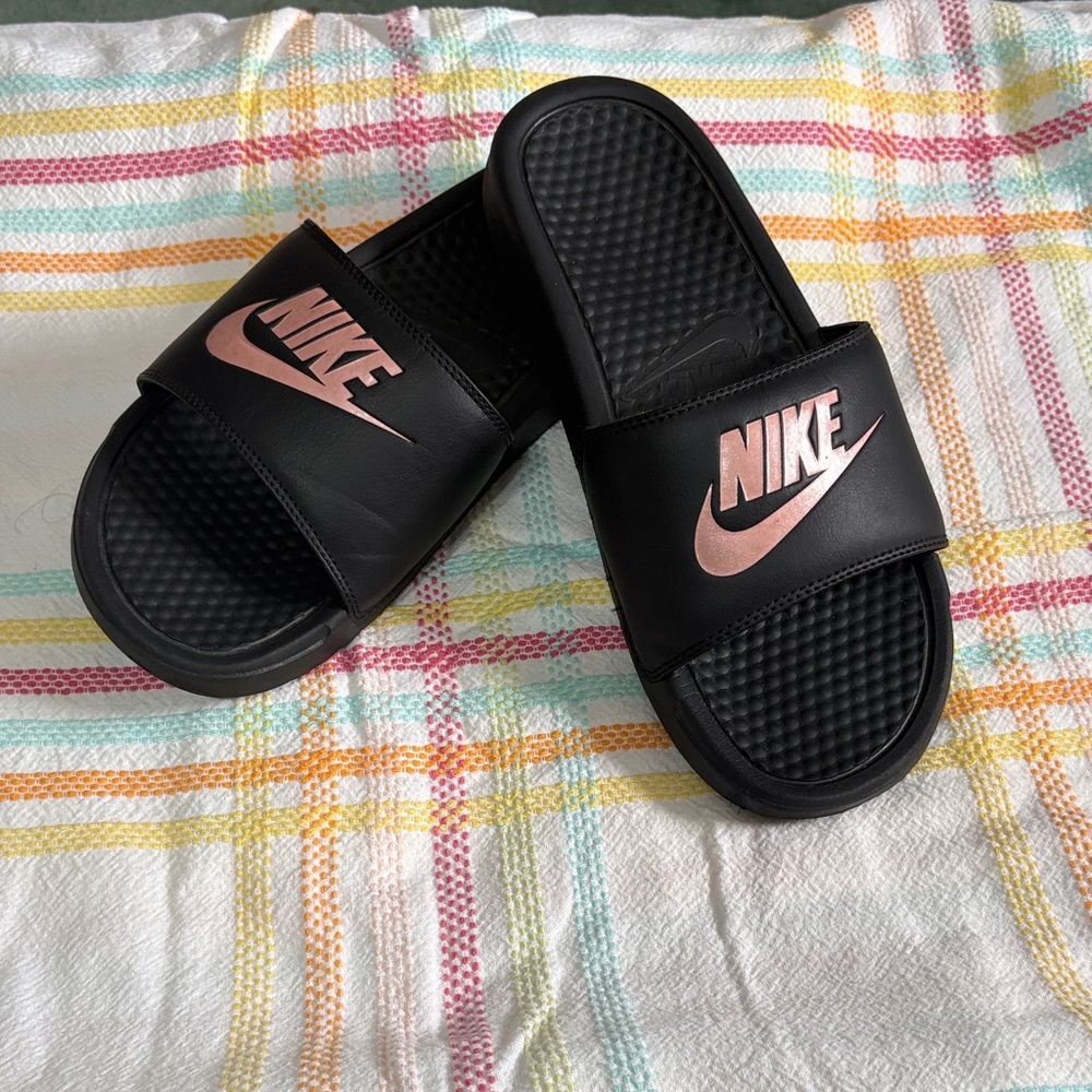 Nike Black Slide Sandals with Rose Gold Logo Accents